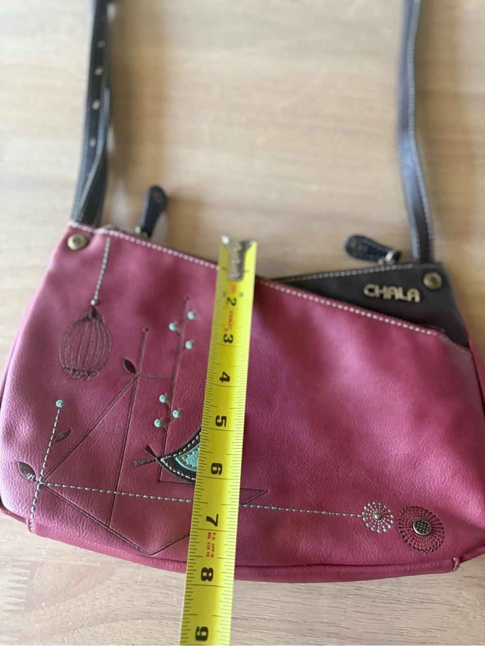 Chala Berry Pink Bird Cross Crossbody Tote Bag Purse Faux Leather